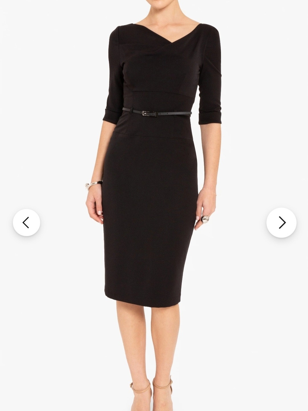 Black Halo 3/4 Length Sleeve Jackie O Classic Black Sheath Dress with Belt Sz 14